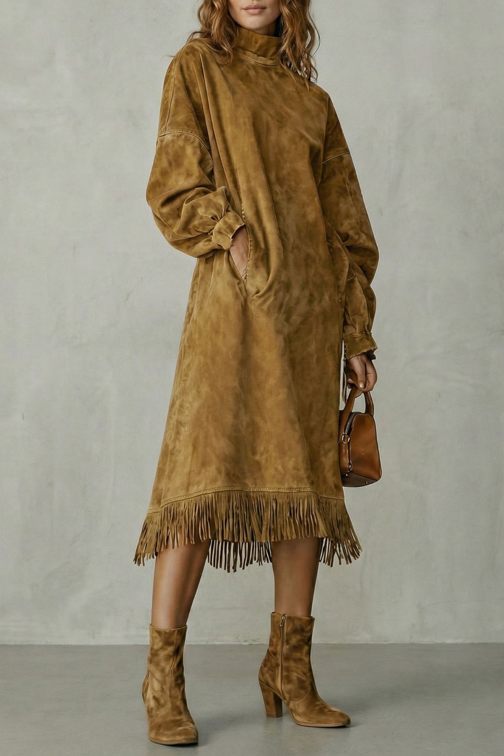 VALDRINA | DETALLE DE FLECOS EFECTO ANTE – VESTIDO MIDI DE CUELLO ALTO