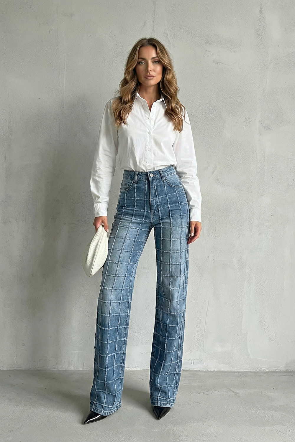CALVIERRE – STITCHED SQUARE PATTERN – STRAIGHT LEG JEANS