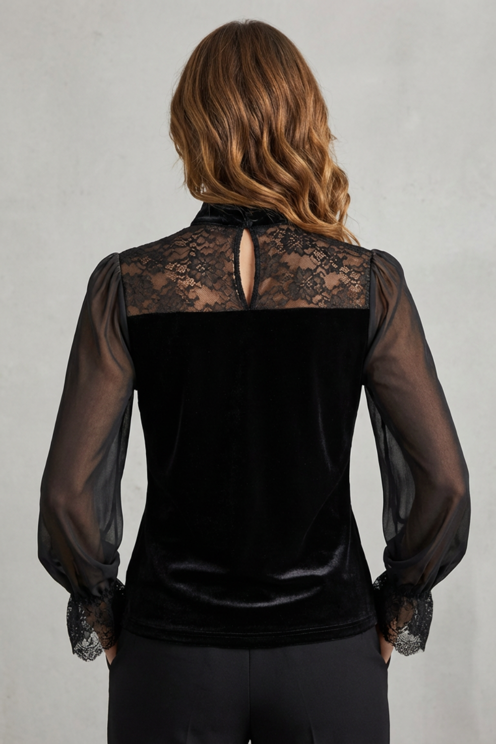 CHALORINE – REFINED LACE TRIM – VELVET SHEER BLUSA