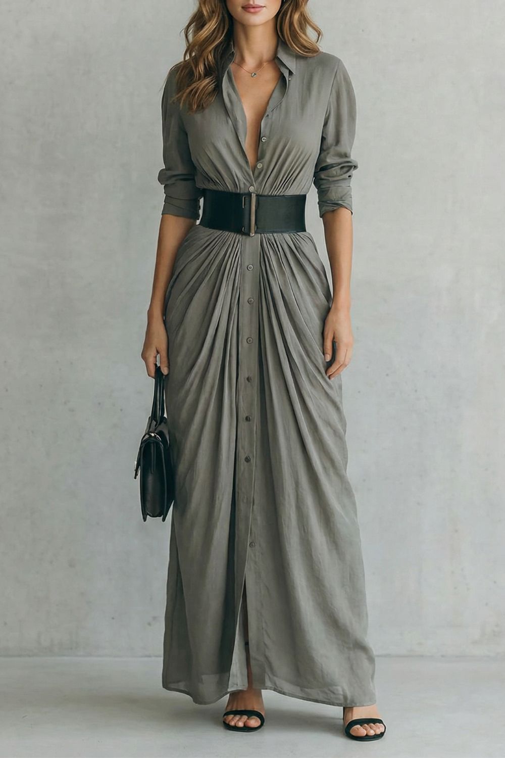 SOLENZIA | DRAMA PLISADO EN LA CINTURA – VESTIDO CAMISERO MAXI (INCLUYE CINTURÓN)