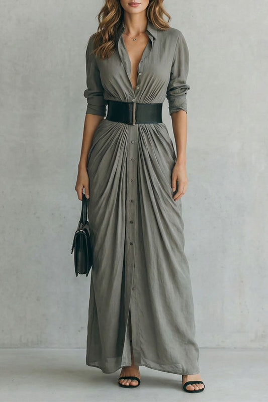 SOLENZIA | DRAMA PLISADO EN LA CINTURA – VESTIDO CAMISERO MAXI (INCLUYE CINTURÓN)