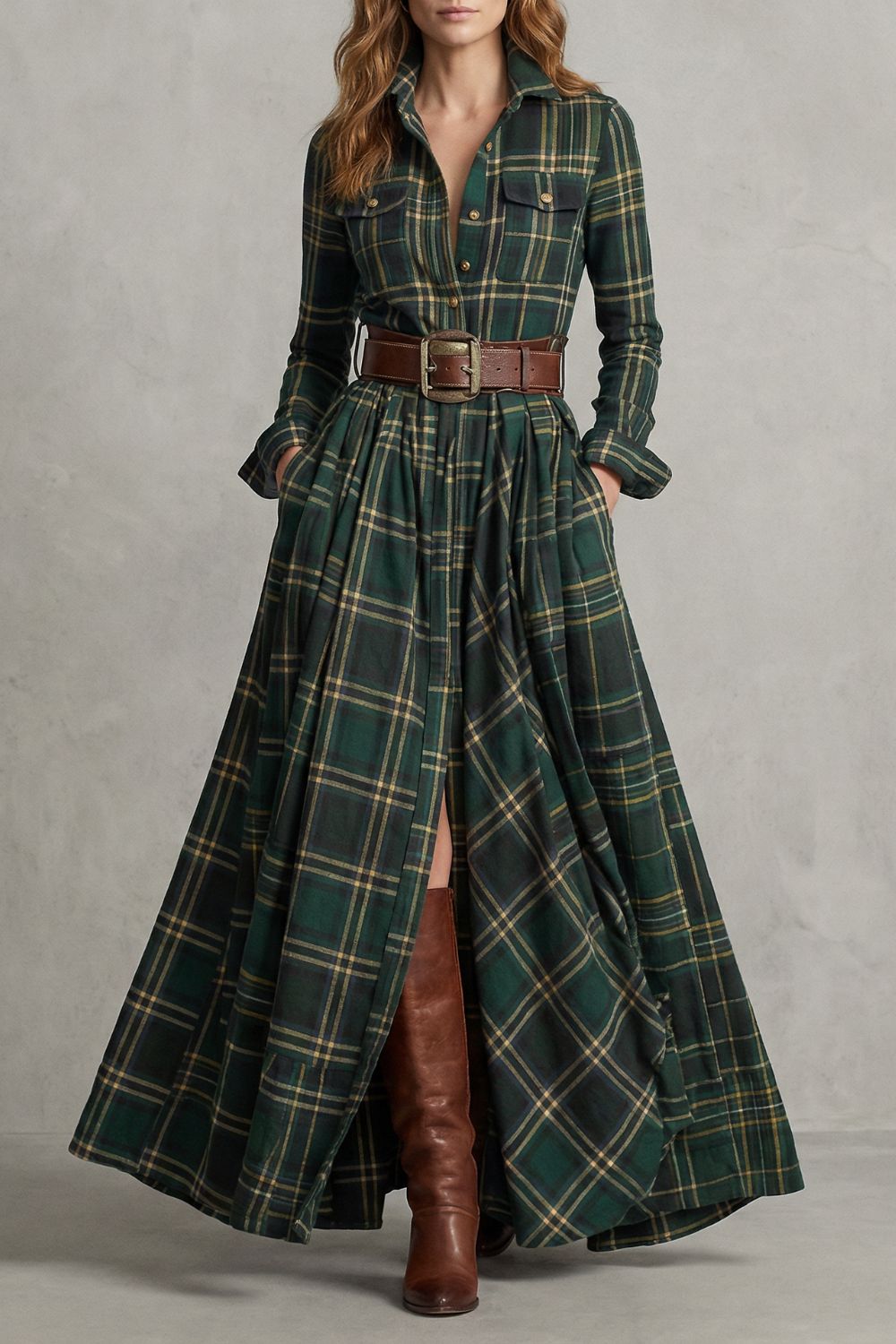 VELERINE | ENCANTO HIGHLAND – VESTIDO CAMISERO MAXI DE CUADROS (INCLUYE CINTURÓN)