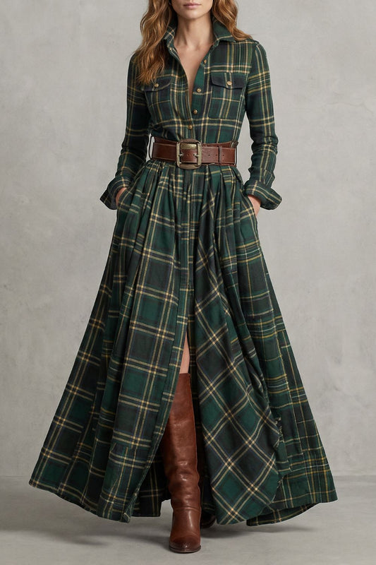 VELERINE | ENCANTO HIGHLAND – VESTIDO CAMISERO MAXI DE CUADROS (INCLUYE CINTURÓN)