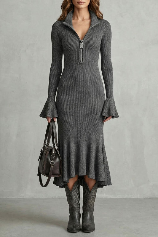 VELORIA | ELEGANCIA CON PUÑOS ACAMPANADOS – VESTIDO MIDI CON CREMALLERA