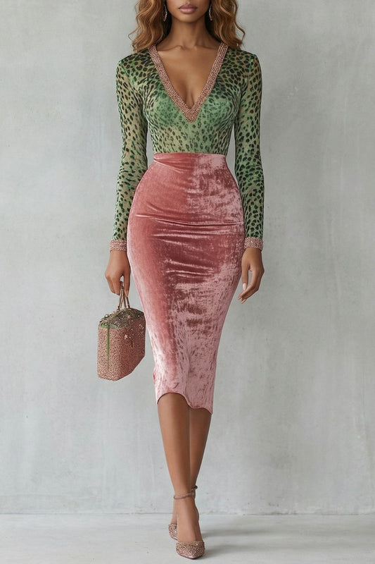 VIRELLINE | CONTRASTE DE LEOPARDO EN TERCIOPELO – VESTIDO MIDI BODYCON