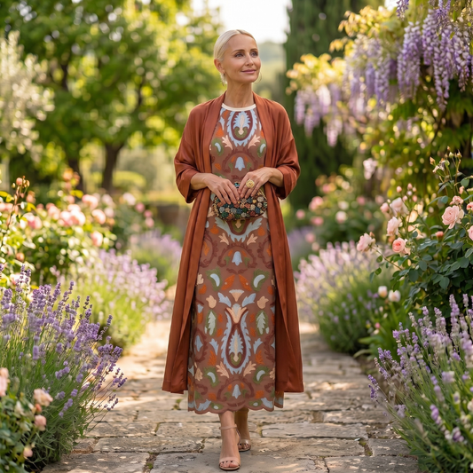 Daniela | Vestido Largo Estampado con Kimono a Juego