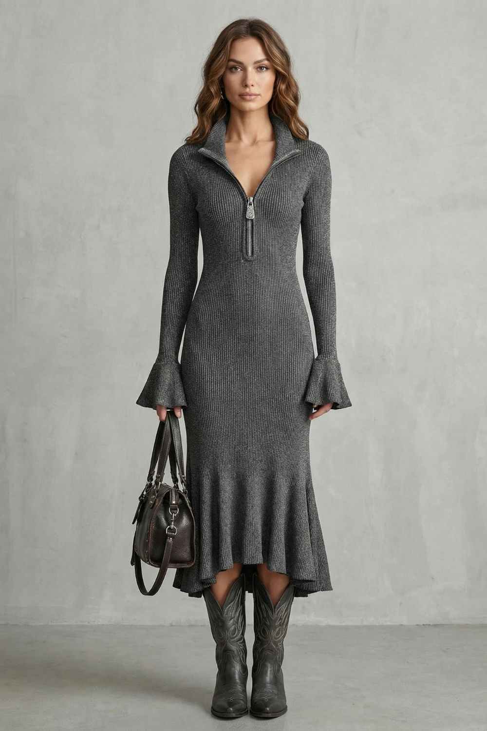 VELORIA | ELEGANCIA CON PUÑOS ACAMPANADOS – VESTIDO MIDI CON CREMALLERA