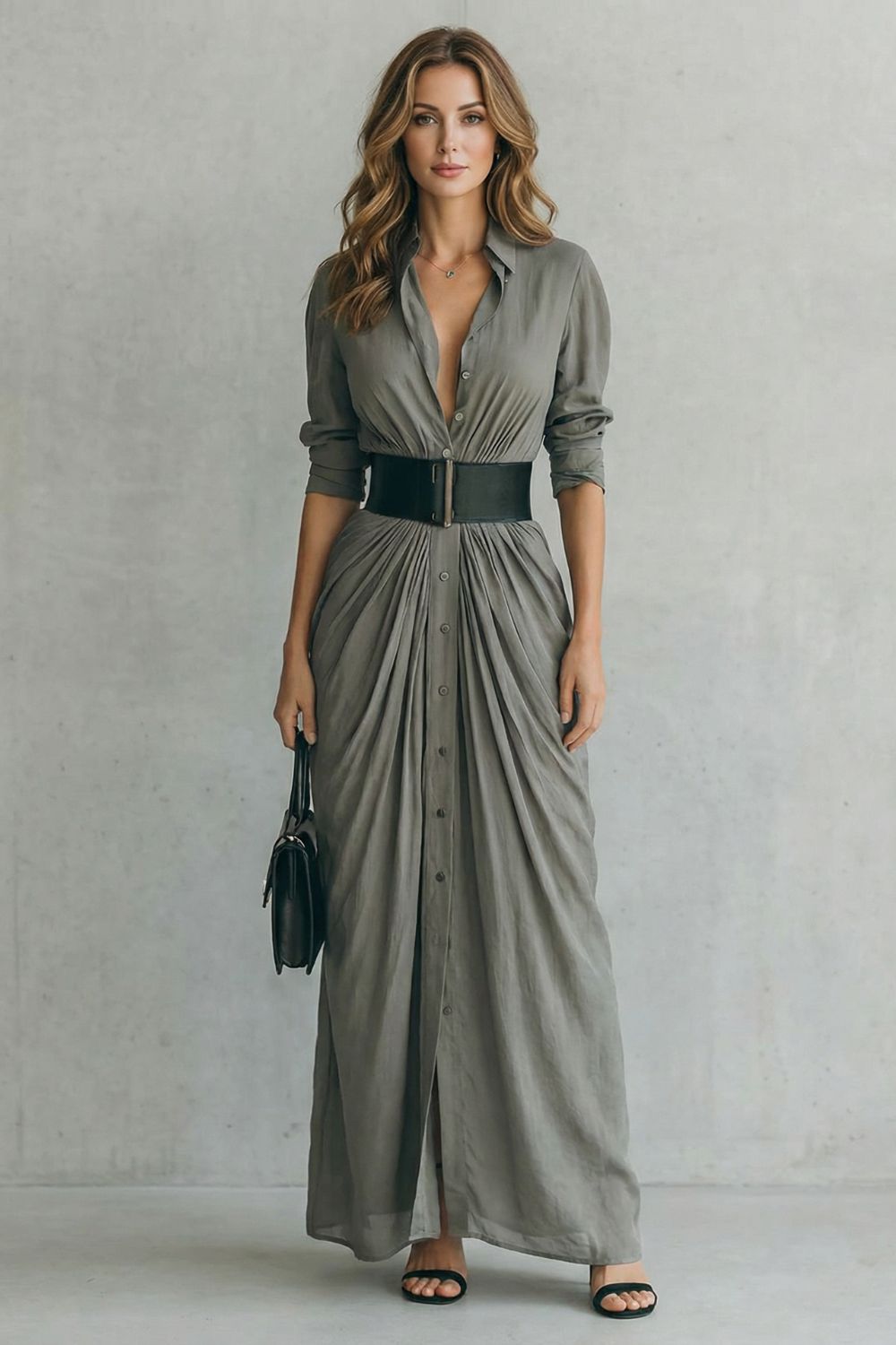 SOLENZIA | DRAMA PLISADO EN LA CINTURA – VESTIDO CAMISERO MAXI (INCLUYE CINTURÓN)