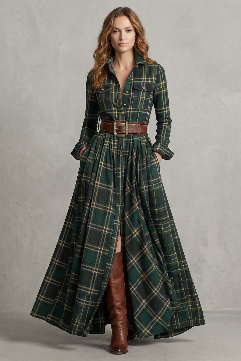 VELERINE | ENCANTO HIGHLAND – VESTIDO CAMISERO MAXI DE CUADROS (INCLUYE CINTURÓN)