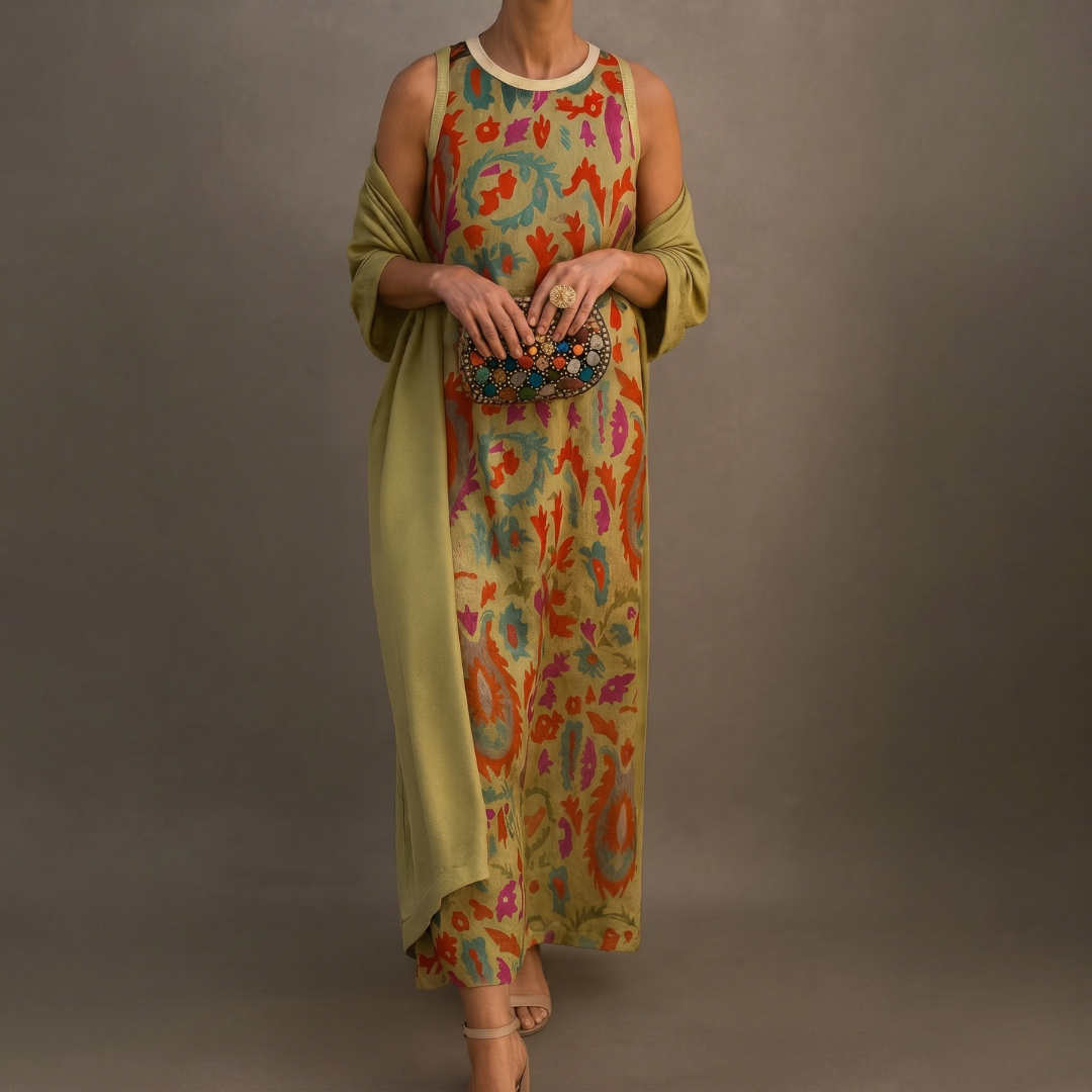 Daniela | Vestido Largo Estampado con Kimono a Juego