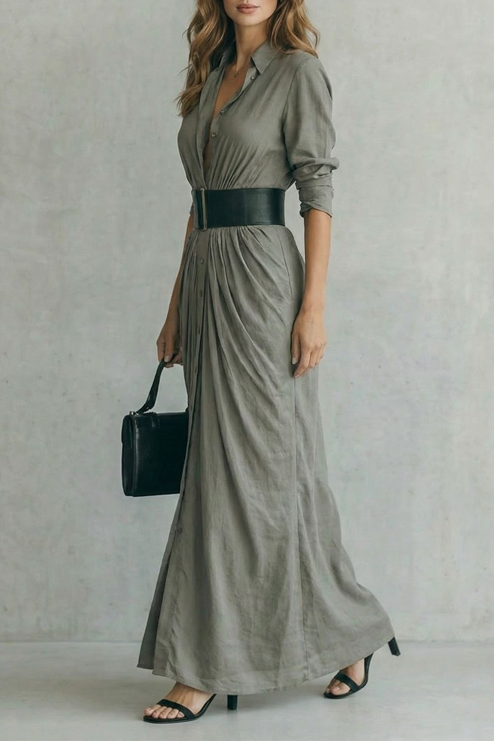 SOLENZIA | DRAMA PLISADO EN LA CINTURA – VESTIDO CAMISERO MAXI (INCLUYE CINTURÓN)