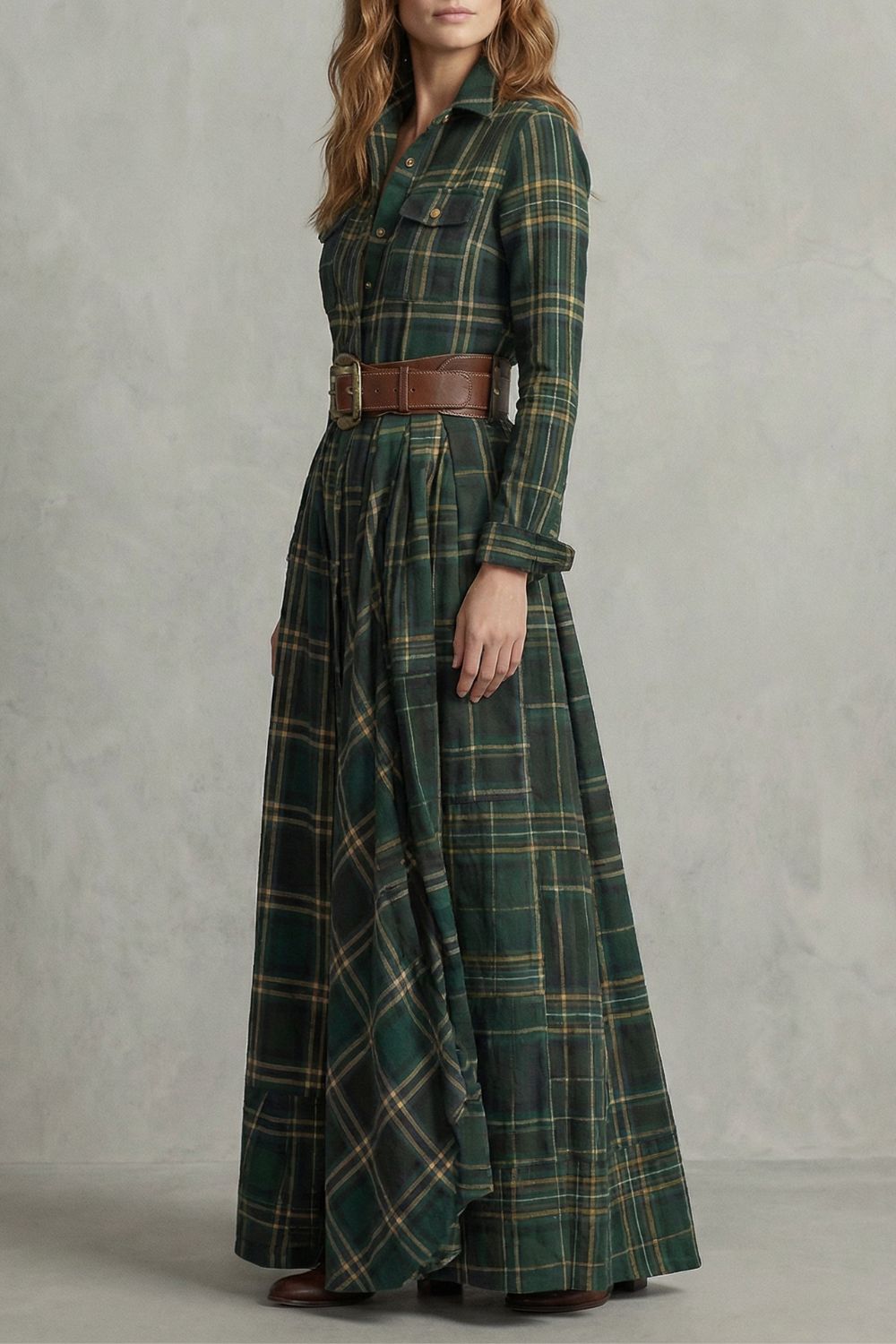 VELERINE | ENCANTO HIGHLAND – VESTIDO CAMISERO MAXI DE CUADROS (INCLUYE CINTURÓN)