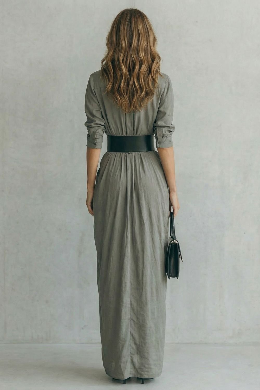 SOLENZIA | DRAMA PLISADO EN LA CINTURA – VESTIDO CAMISERO MAXI (INCLUYE CINTURÓN)