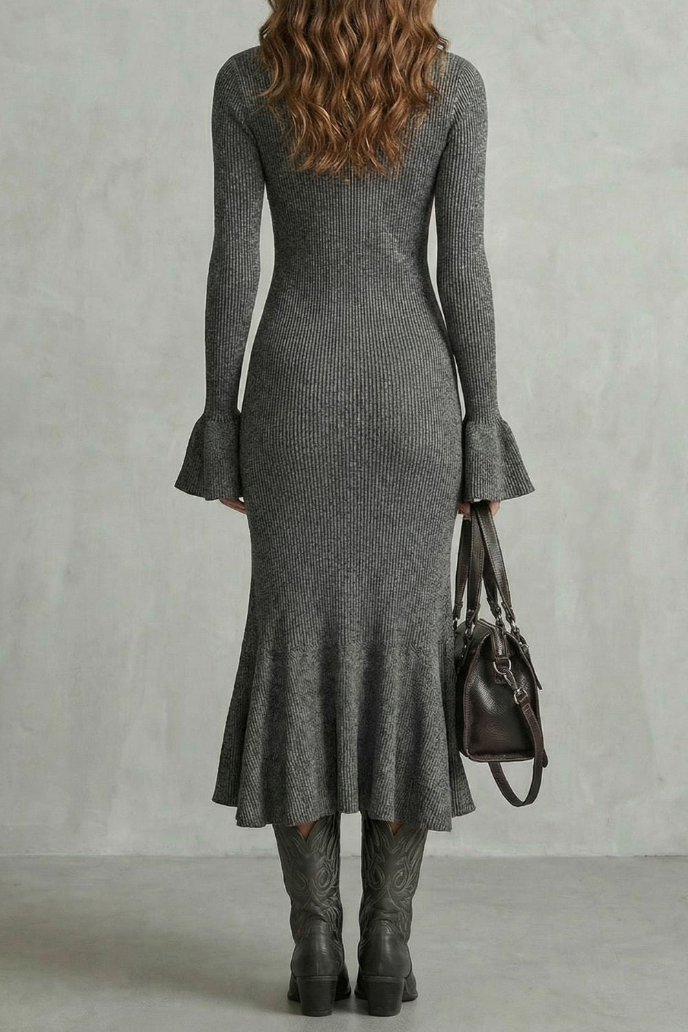 VELORIA | ELEGANCIA CON PUÑOS ACAMPANADOS – VESTIDO MIDI CON CREMALLERA