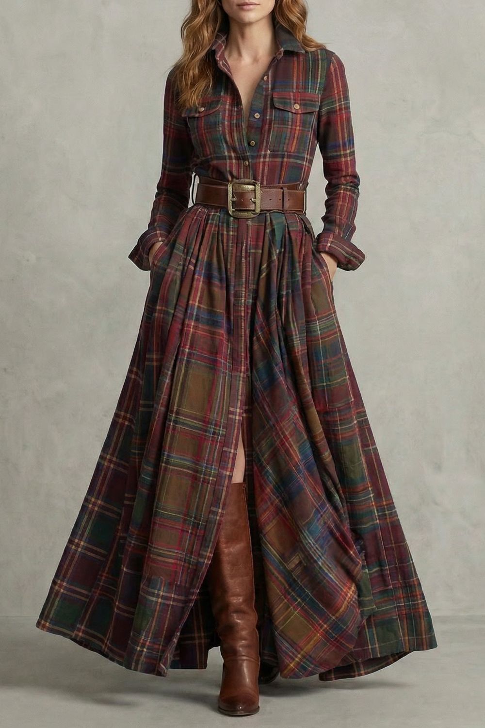 VELERINE | ENCANTO HIGHLAND – VESTIDO CAMISERO MAXI DE CUADROS (INCLUYE CINTURÓN)