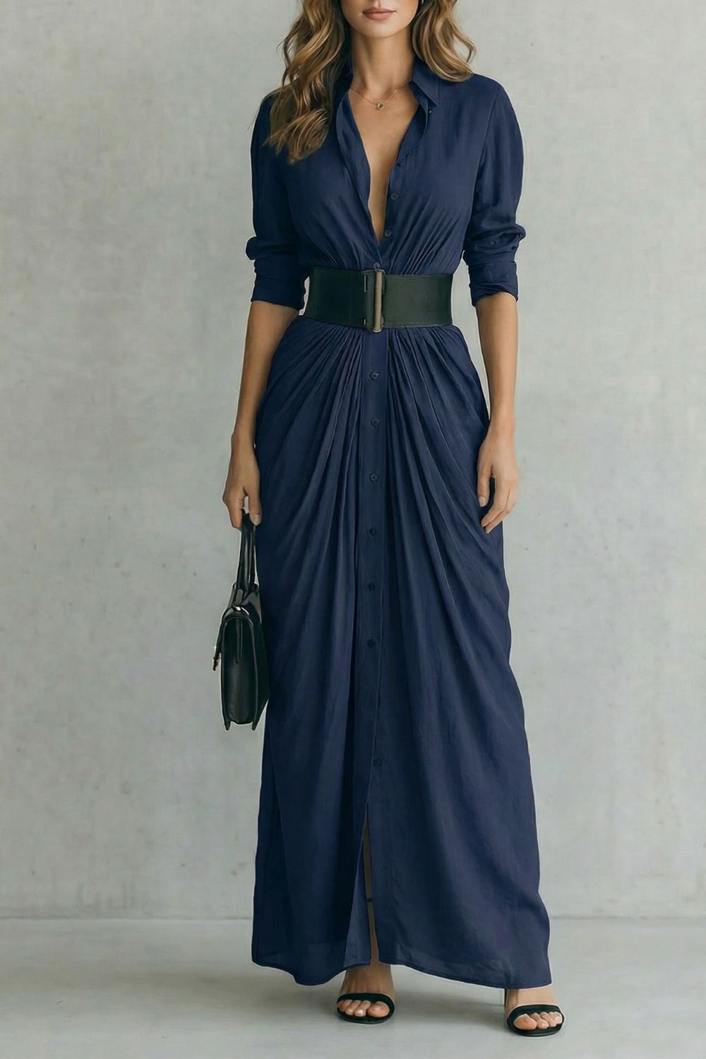 SOLENZIA | DRAMA PLISADO EN LA CINTURA – VESTIDO CAMISERO MAXI (INCLUYE CINTURÓN)