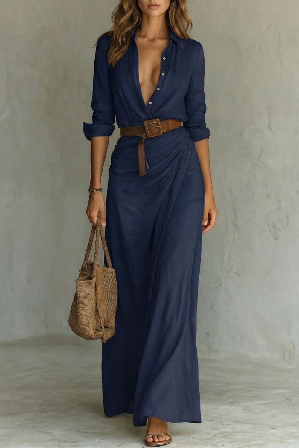 AZURA | VESTIDO CRUZADO CON BOTONES – VESTIDO MAXI CON CINTURÓN