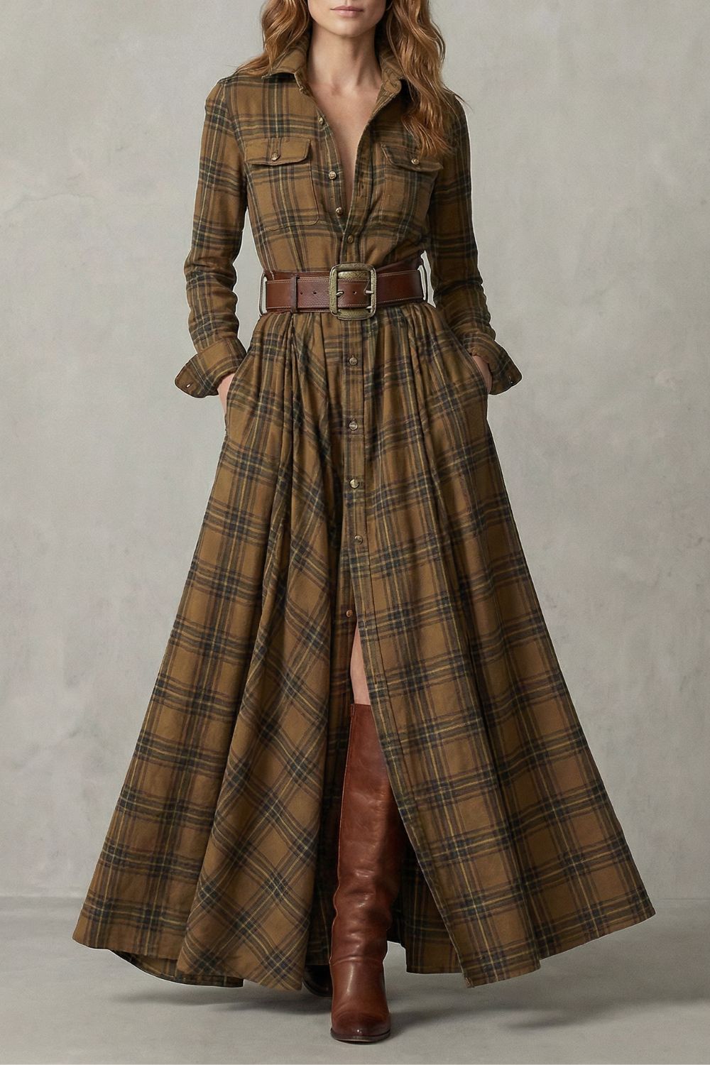 VELERINE | ENCANTO HIGHLAND – VESTIDO CAMISERO MAXI DE CUADROS (INCLUYE CINTURÓN)