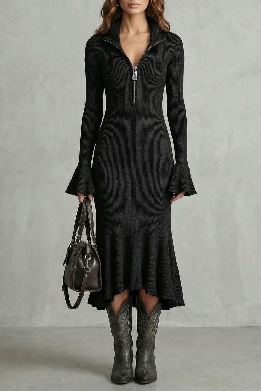 VELORIA | ELEGANCIA CON PUÑOS ACAMPANADOS – VESTIDO MIDI CON CREMALLERA