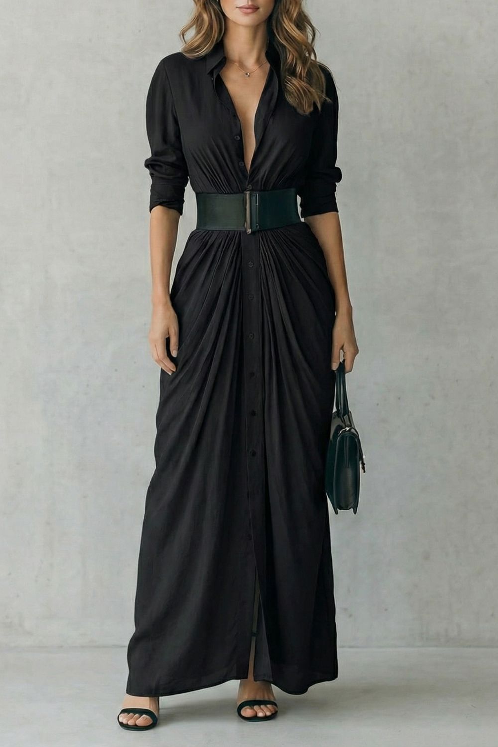 SOLENZIA | DRAMA PLISADO EN LA CINTURA – VESTIDO CAMISERO MAXI (INCLUYE CINTURÓN)