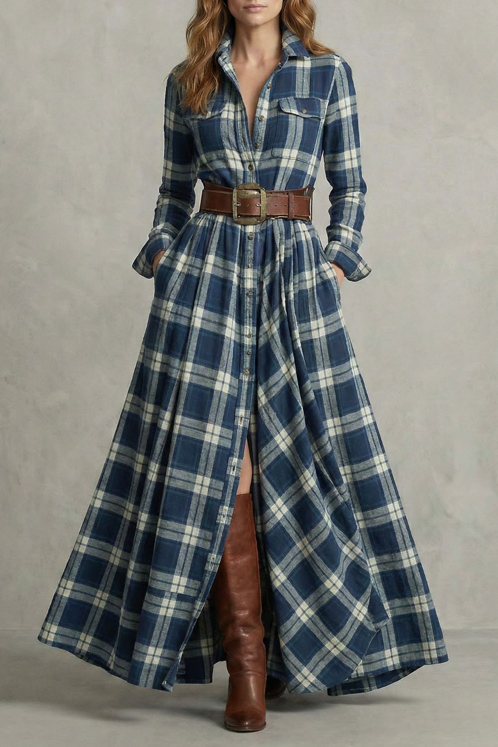 VELERINE | ENCANTO HIGHLAND – VESTIDO CAMISERO MAXI DE CUADROS (INCLUYE CINTURÓN)