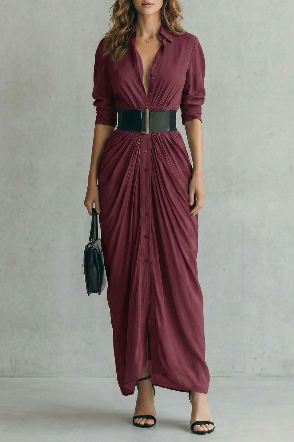 SOLENZIA | DRAMA PLISADO EN LA CINTURA – VESTIDO CAMISERO MAXI (INCLUYE CINTURÓN)