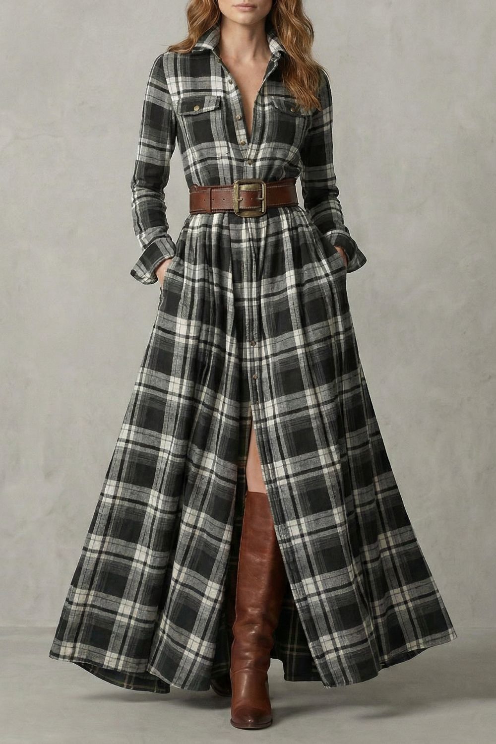 VELERINE | ENCANTO HIGHLAND – VESTIDO CAMISERO MAXI DE CUADROS (INCLUYE CINTURÓN)