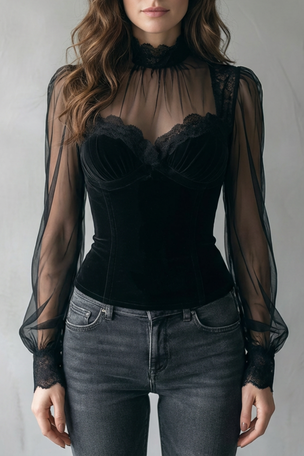 AURÉVELLE – GOTHIC ROMANCE – SHEER LACE VELVET TOP