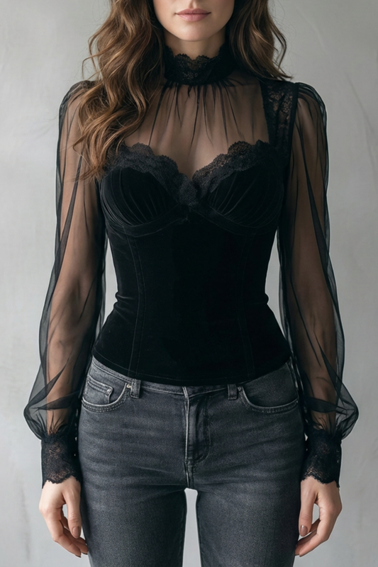 AURÉVELLE – GOTHIC ROMANCE – SHEER LACE VELVET TOP