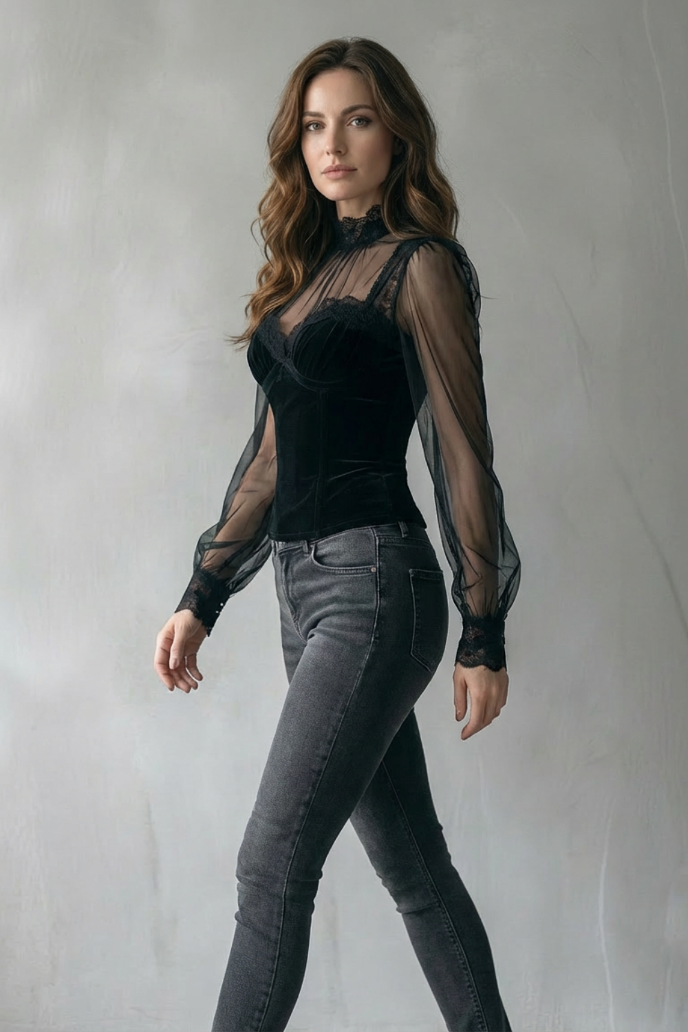 AURÉVELLE – GOTHIC ROMANCE – SHEER LACE VELVET TOP