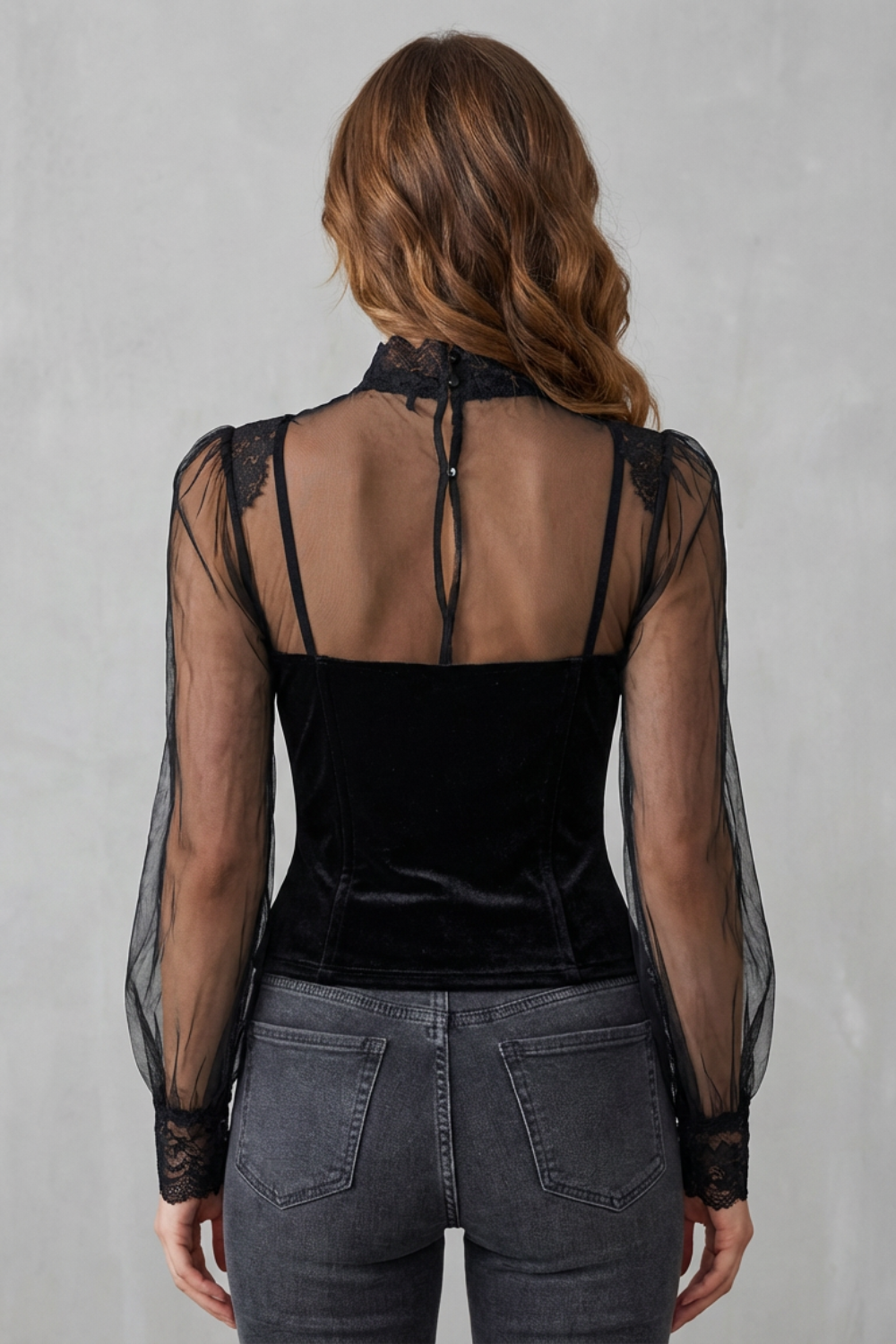 AURÉVELLE – GOTHIC ROMANCE – SHEER LACE VELVET TOP