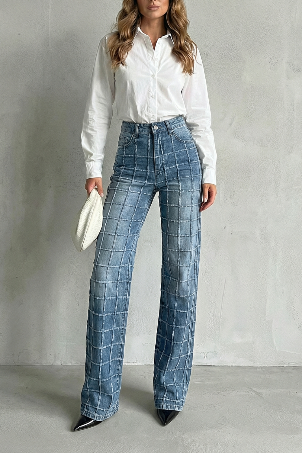 CALVIERRE – STITCHED SQUARE PATTERN – STRAIGHT LEG JEANS