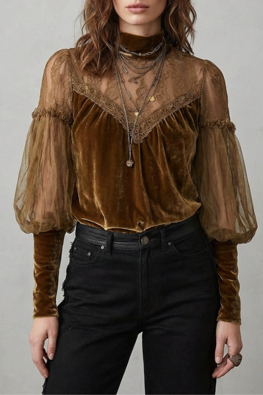 ELAYSSIA – SHEER LACE DETAIL – VELVET CUELLO ALTO BLUSA