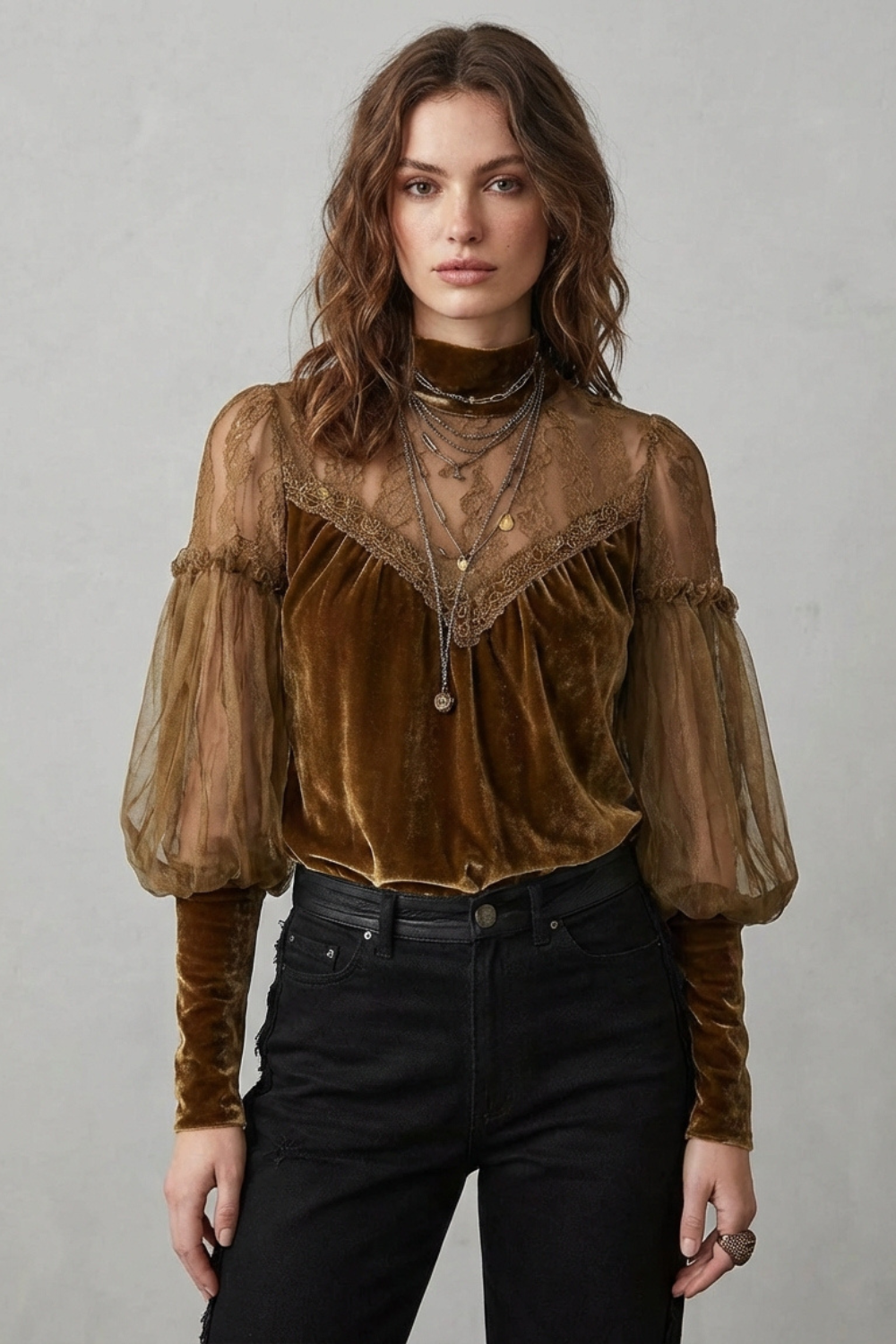 ELAYSSIA – SHEER LACE DETAIL – VELVET CUELLO ALTO BLUSA