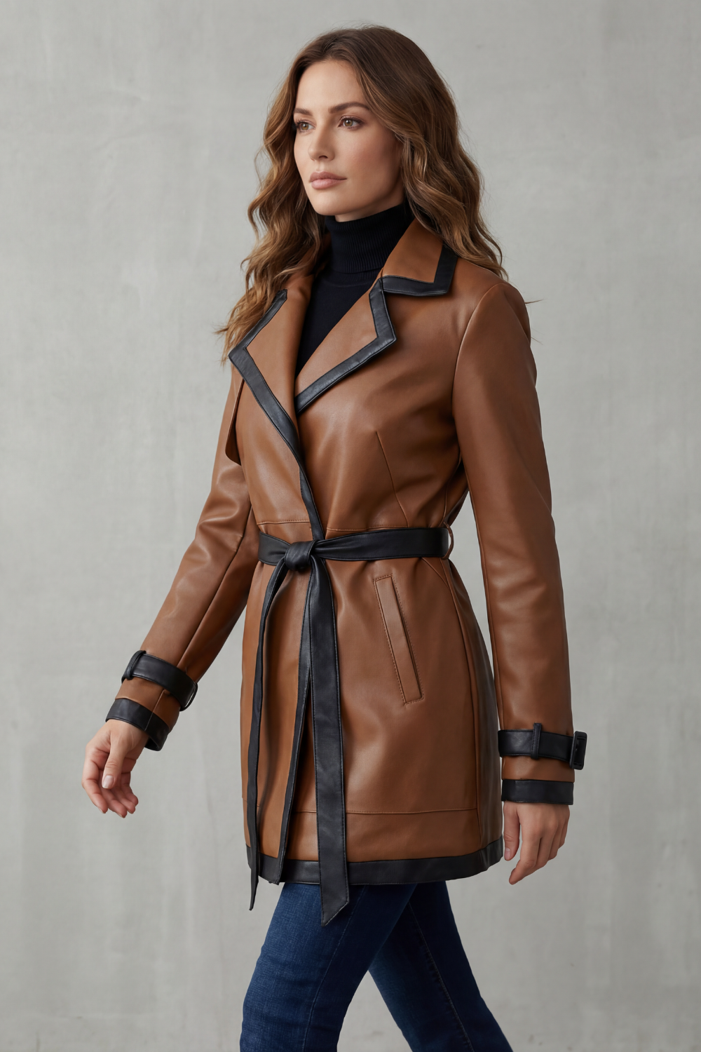 MIRELLA | RIBETE EN CONTRASTE ENVOLVENTE – TRENCH EFECTO PIEL CON CINTURÓN