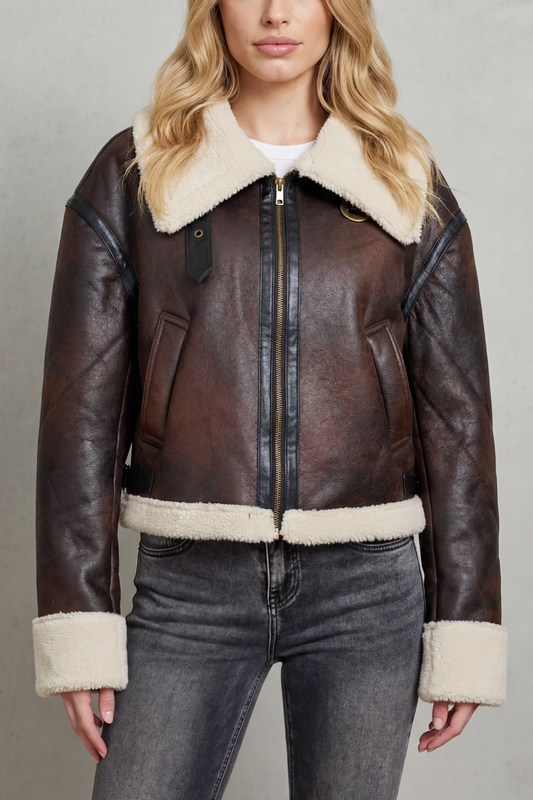 MIREVOLA | RIBETE DE BORREGUILLO – CHAQUETA AVIADOR CROPPED