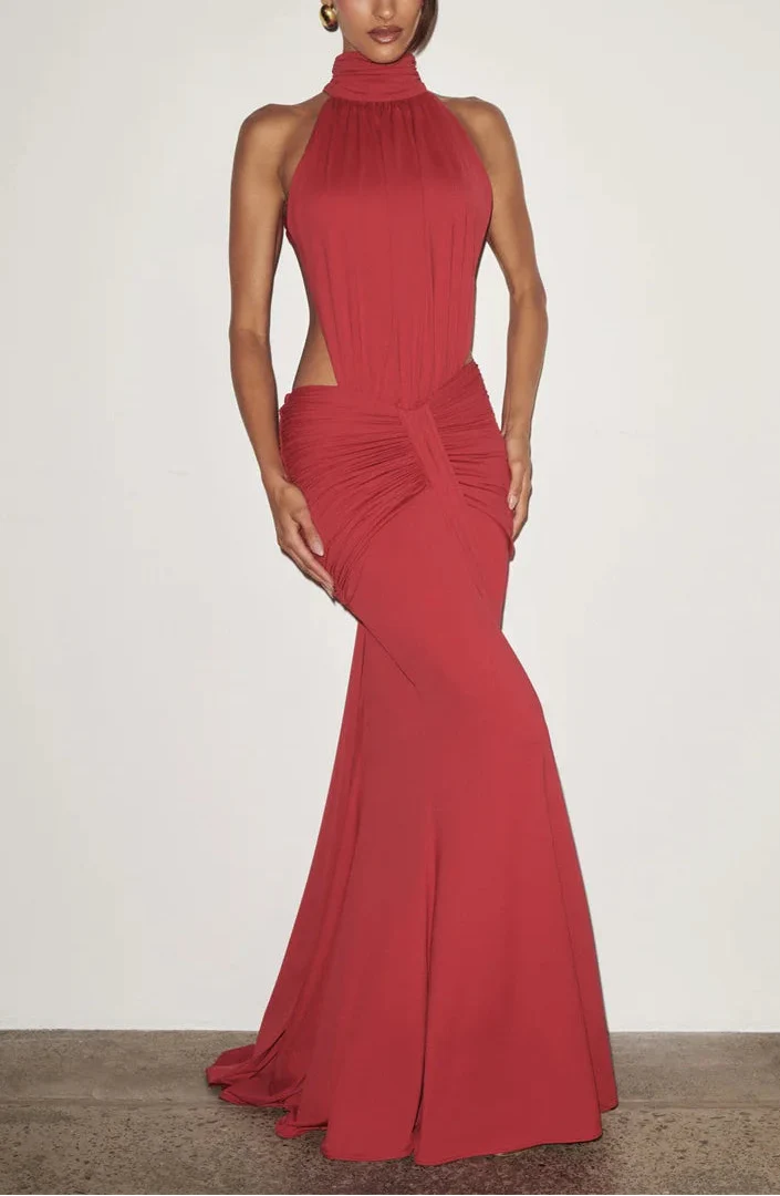 WOMEN’S BACKLESS CUELLO ALTO MAXI DRESS