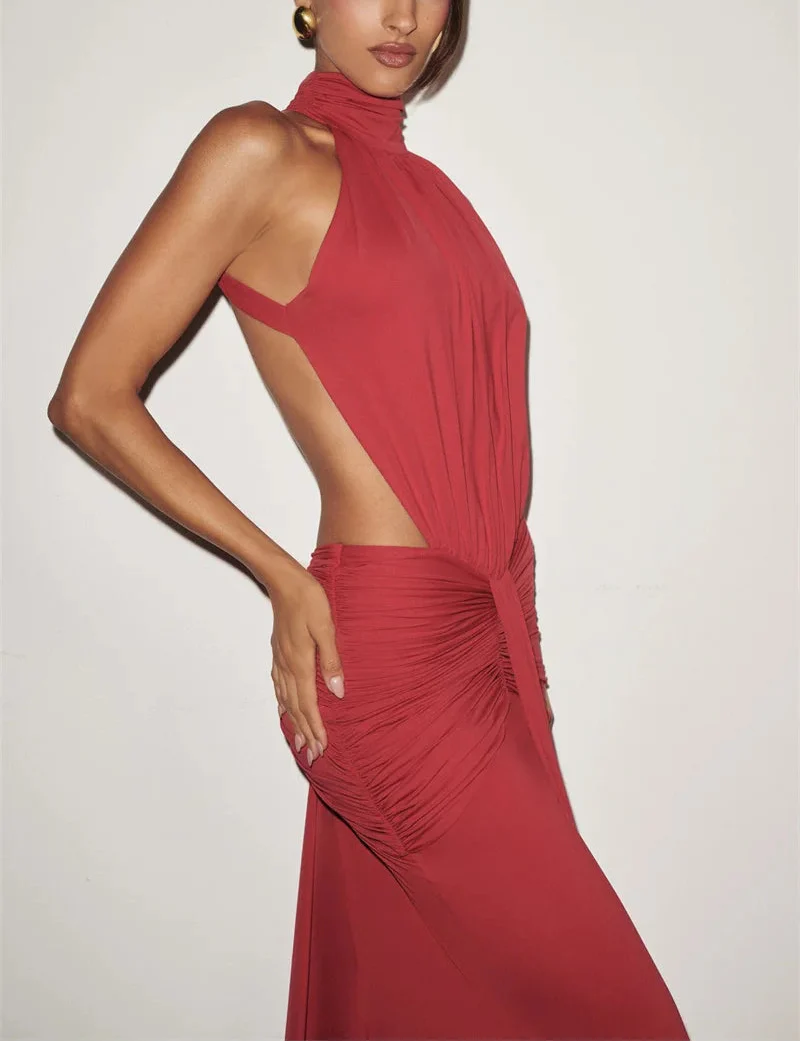 WOMEN’S BACKLESS CUELLO ALTO MAXI DRESS