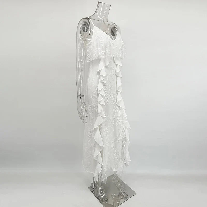WOMEN’S RUFFLED SUSPENDER MAXI DRESS
