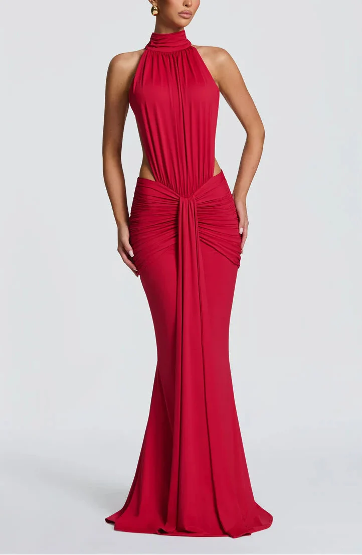 WOMEN’S BACKLESS CUELLO ALTO MAXI DRESS