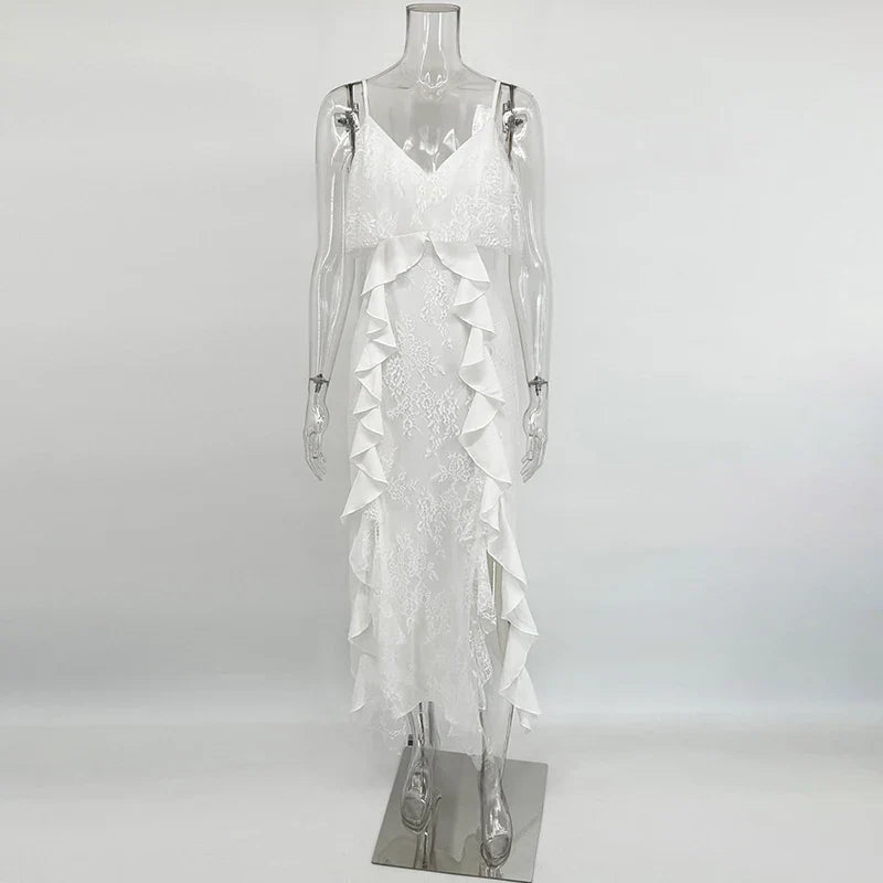 WOMEN’S RUFFLED SUSPENDER MAXI DRESS