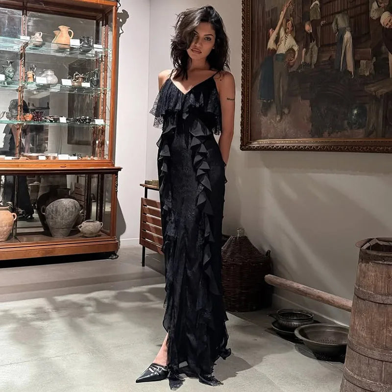 WOMEN’S RUFFLED SUSPENDER MAXI DRESS