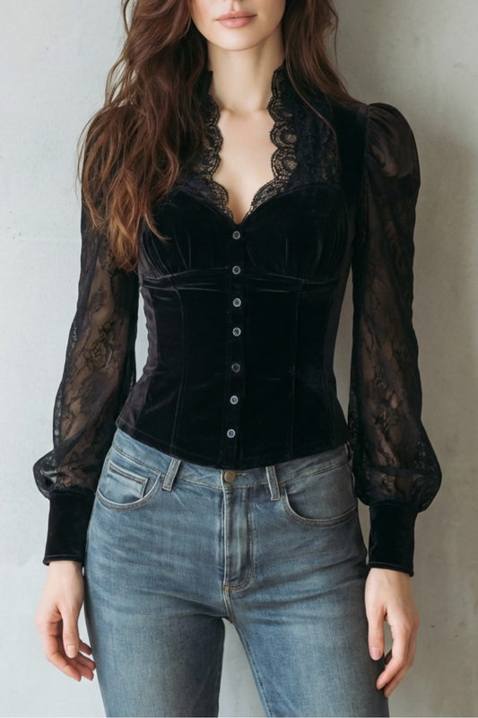 SEREVINE – LACE SPLICED ELEGANCE – VELVET FITTED BLUSA
