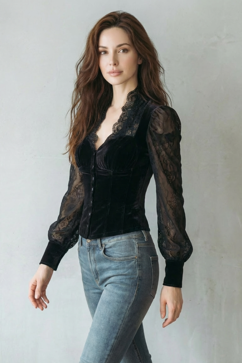 SEREVINE – LACE SPLICED ELEGANCE – VELVET FITTED BLUSA