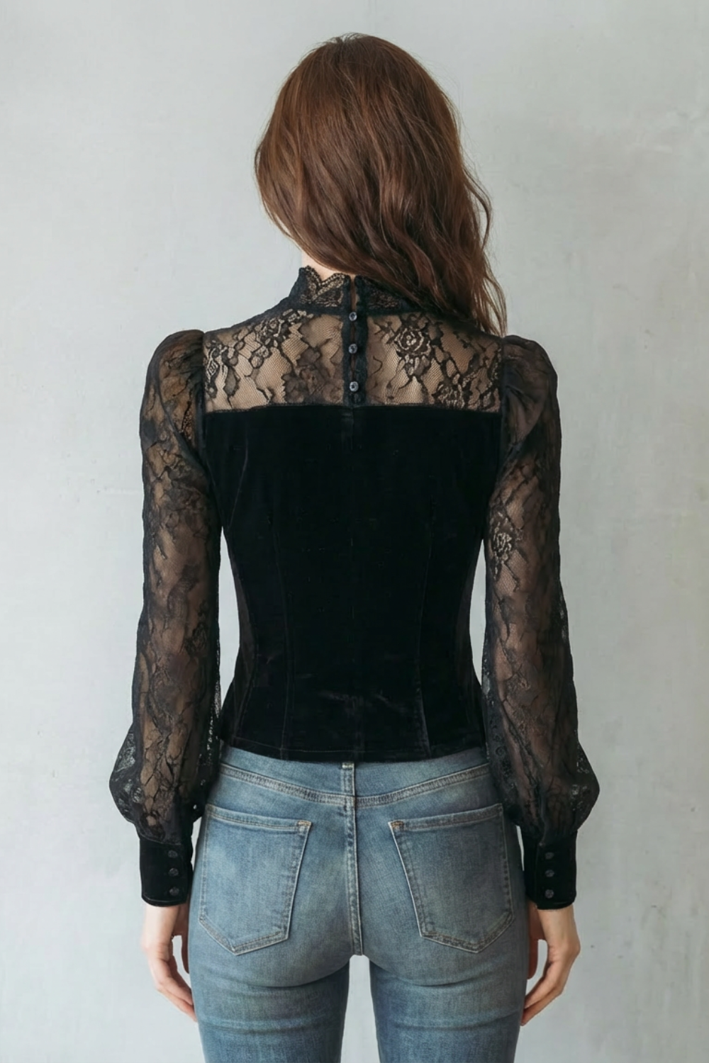 SEREVINE – LACE SPLICED ELEGANCE – VELVET FITTED BLUSA