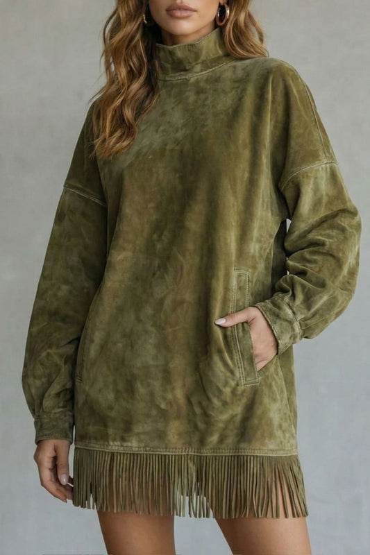 VIRETTA | DETALLE DE FLECOS EFECTO ANTE – MINIVESTIDO DE CUELLO ALTO