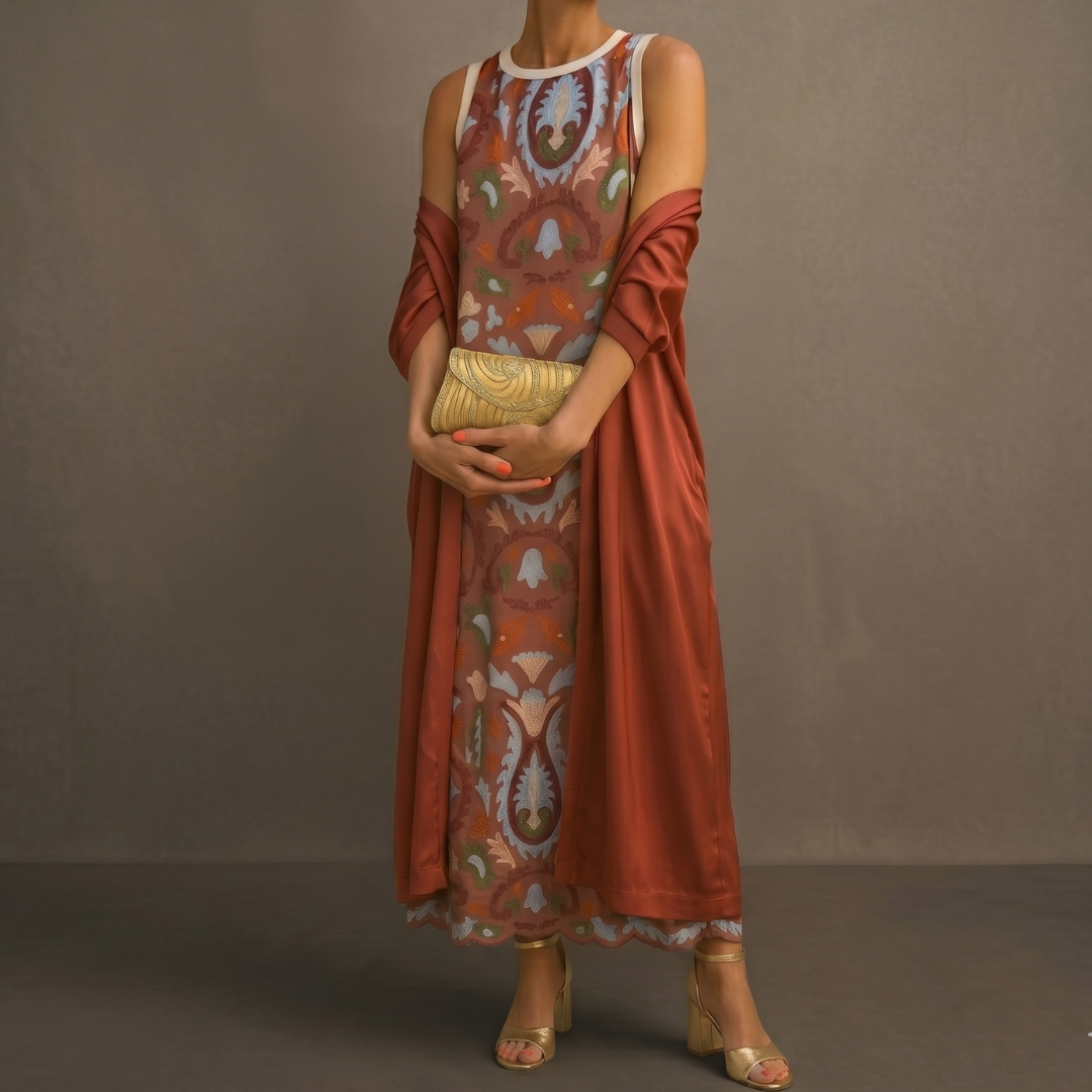 Daniela | Vestido Largo Estampado con Kimono a Juego