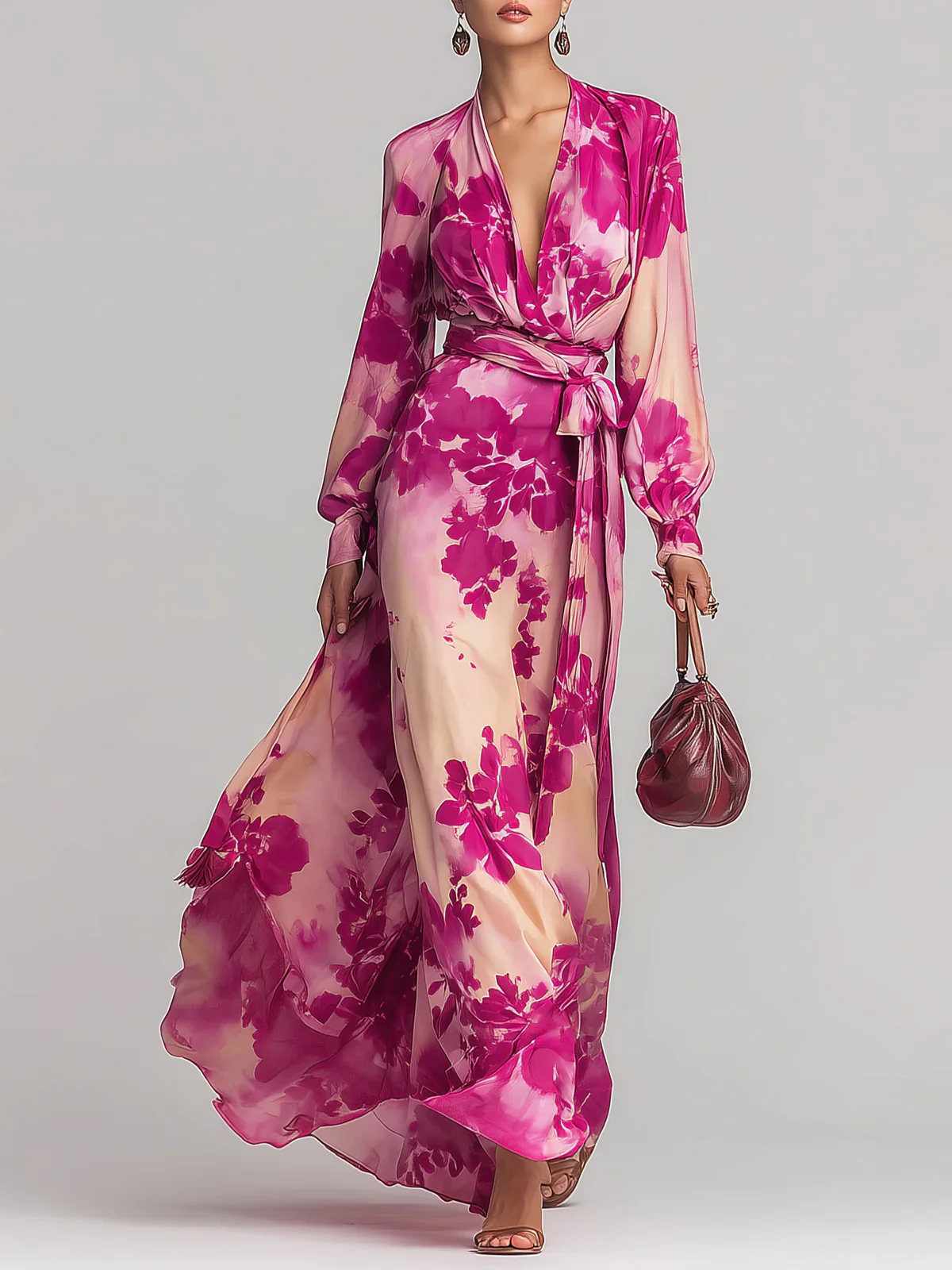 Ariadna | Vestido largo floral rojo con escote en V y cintura definida
